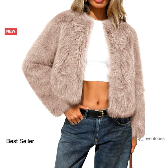 Jackets & Blazers - Fluffy Faux Fur Cropped Coat Soft Warm Winter Jacket with Hidden Hooks Pockets